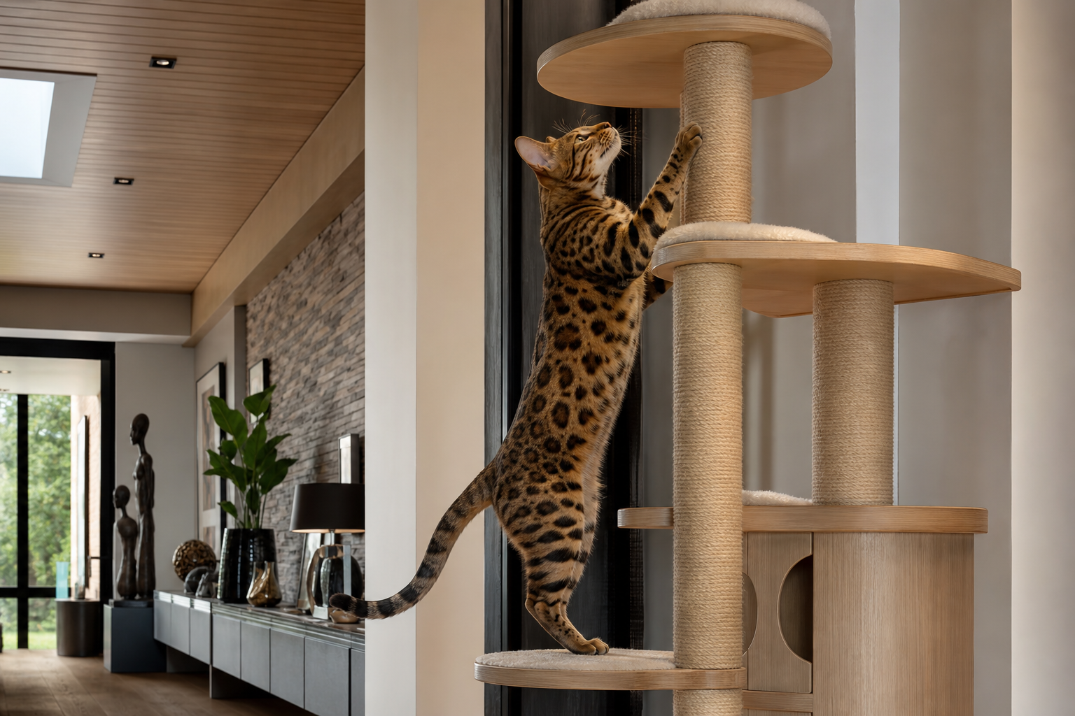 Bengal cat climbing in a modern home