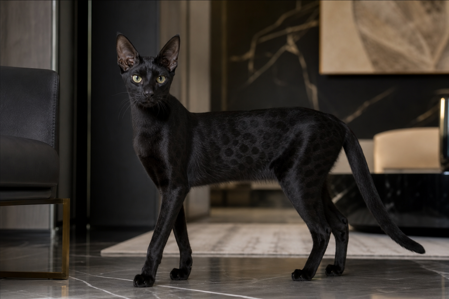 Black Savannah cat in a luxury setting