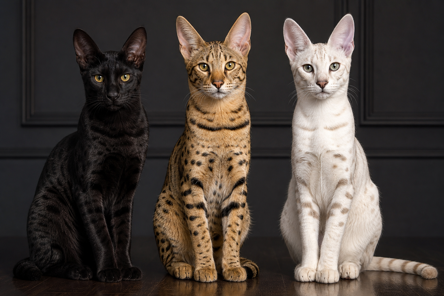 Comparison of black Savannah cat, classic spotted Savannah, and white exotic hybrid type