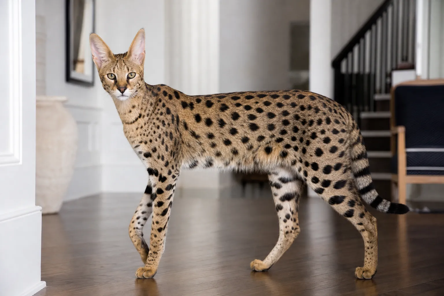 Luxury F1 Savannah cat in an elegant home