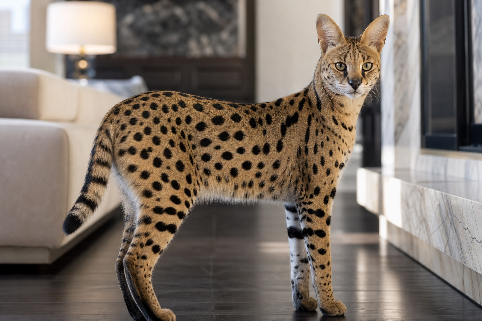 Premium Savannah cat in a luxury home