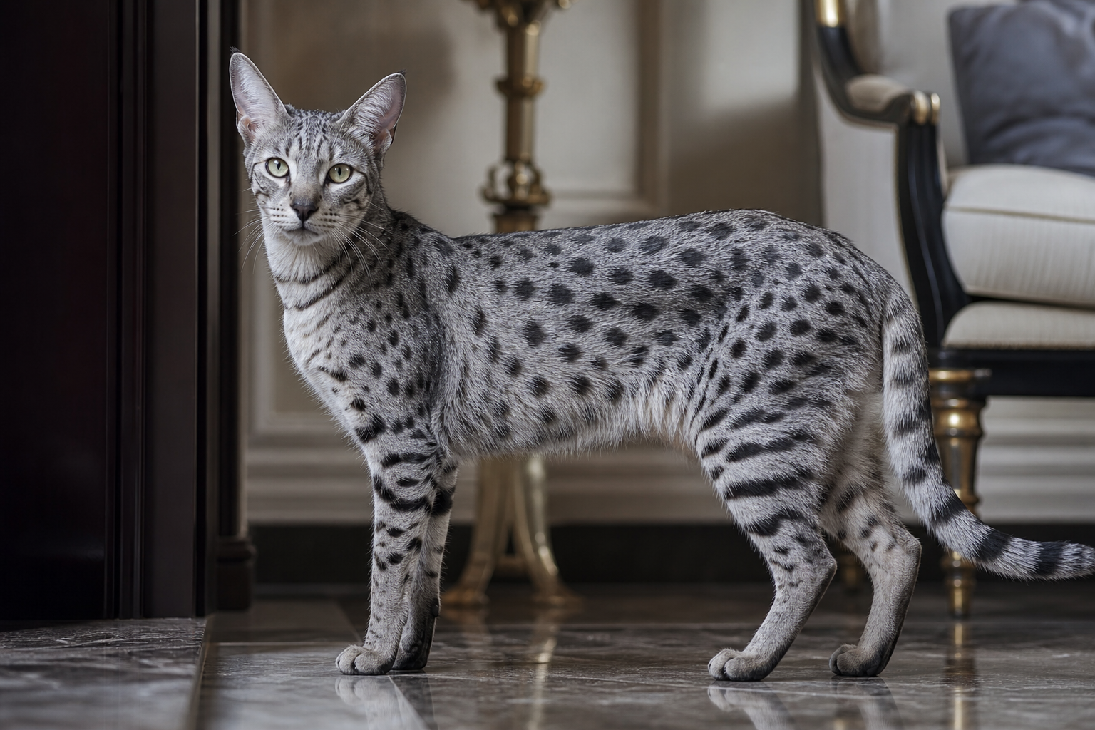 Silver Savannah cat with cool gray coat and black spots