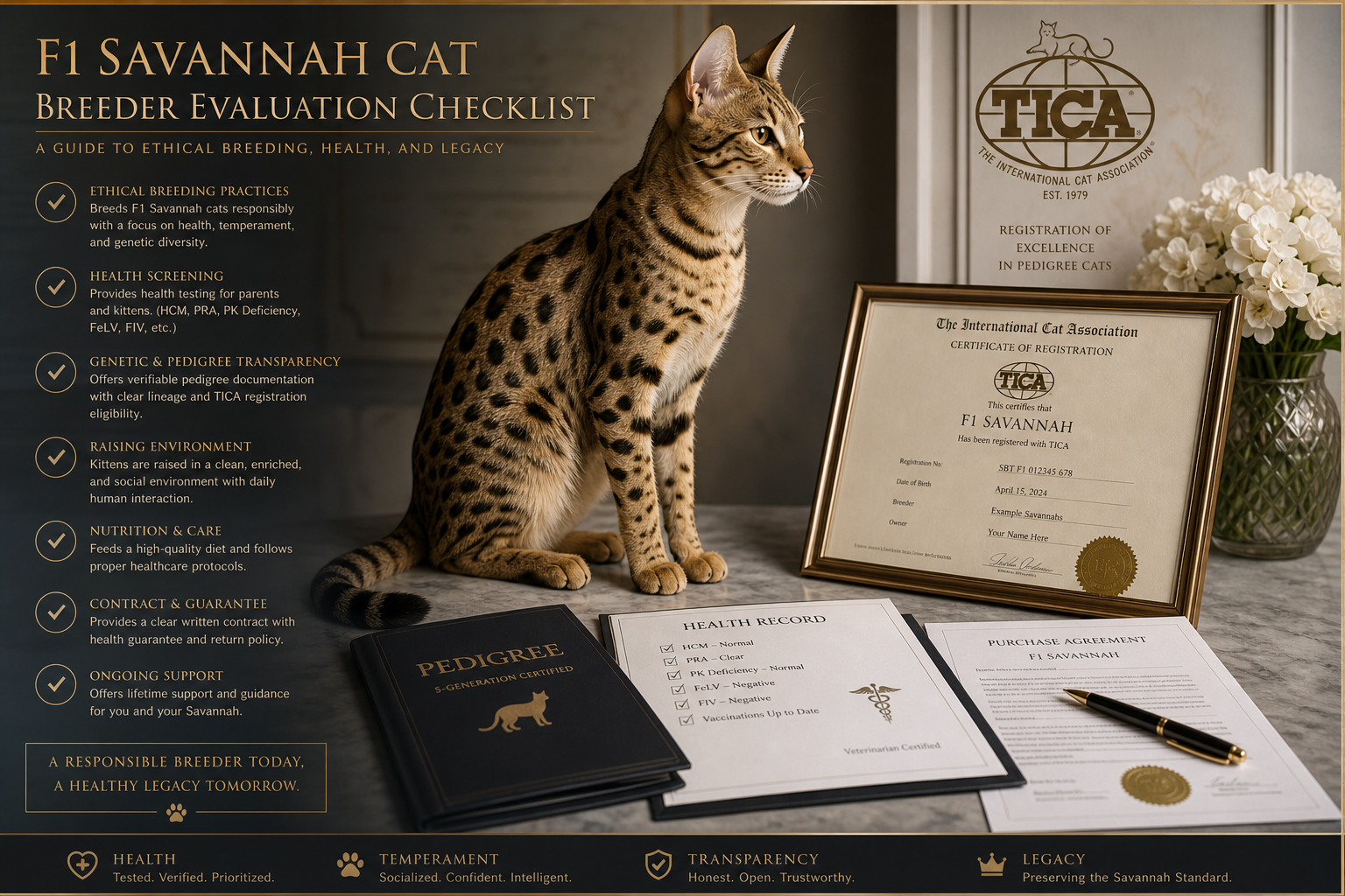 Illustration of an F1 Savannah breeder quality checklist