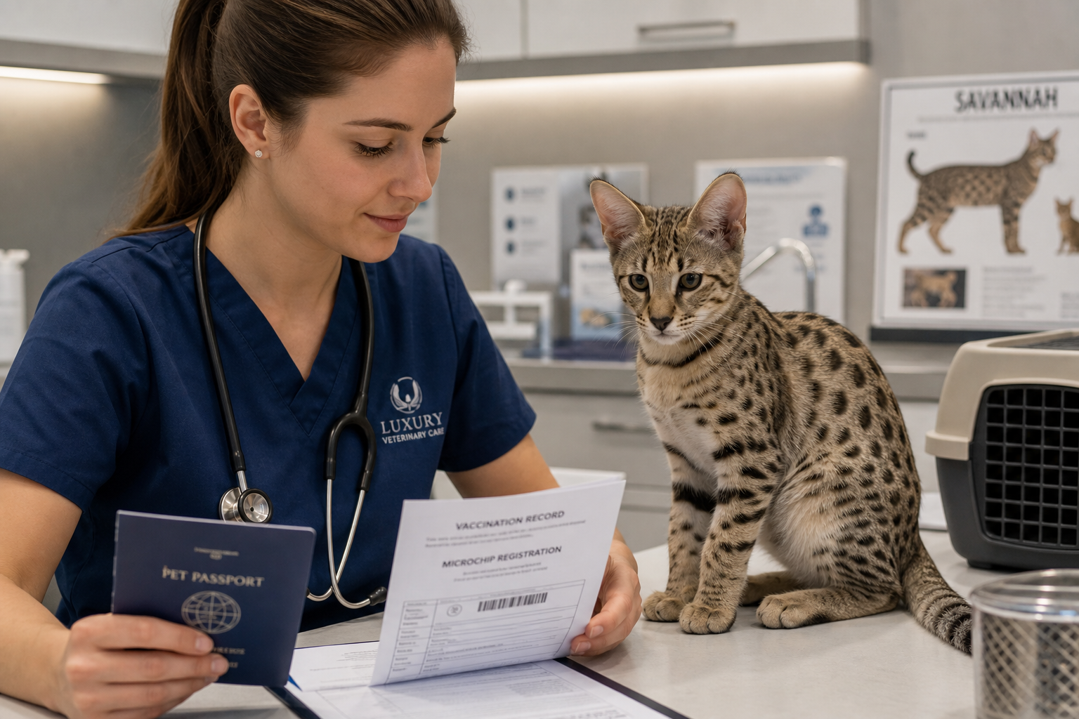 Veterinary health check for a Savannah kitten with records and microchip paperwork