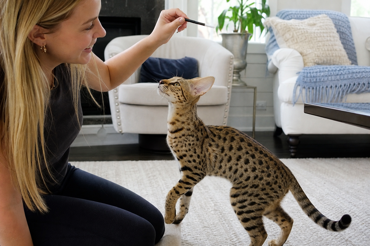 Home-raised F1 Savannah kitten being socialized in a luxury living room