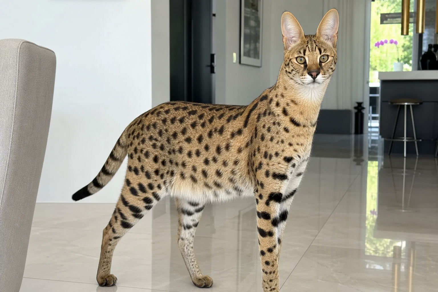 Photorealistic F1 Savannah cat in a luxury home