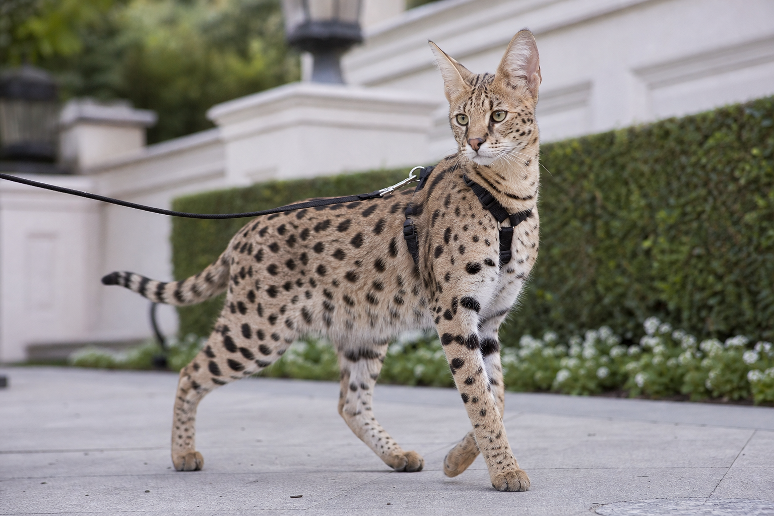 F1 Savannah cat on a harness outdoors