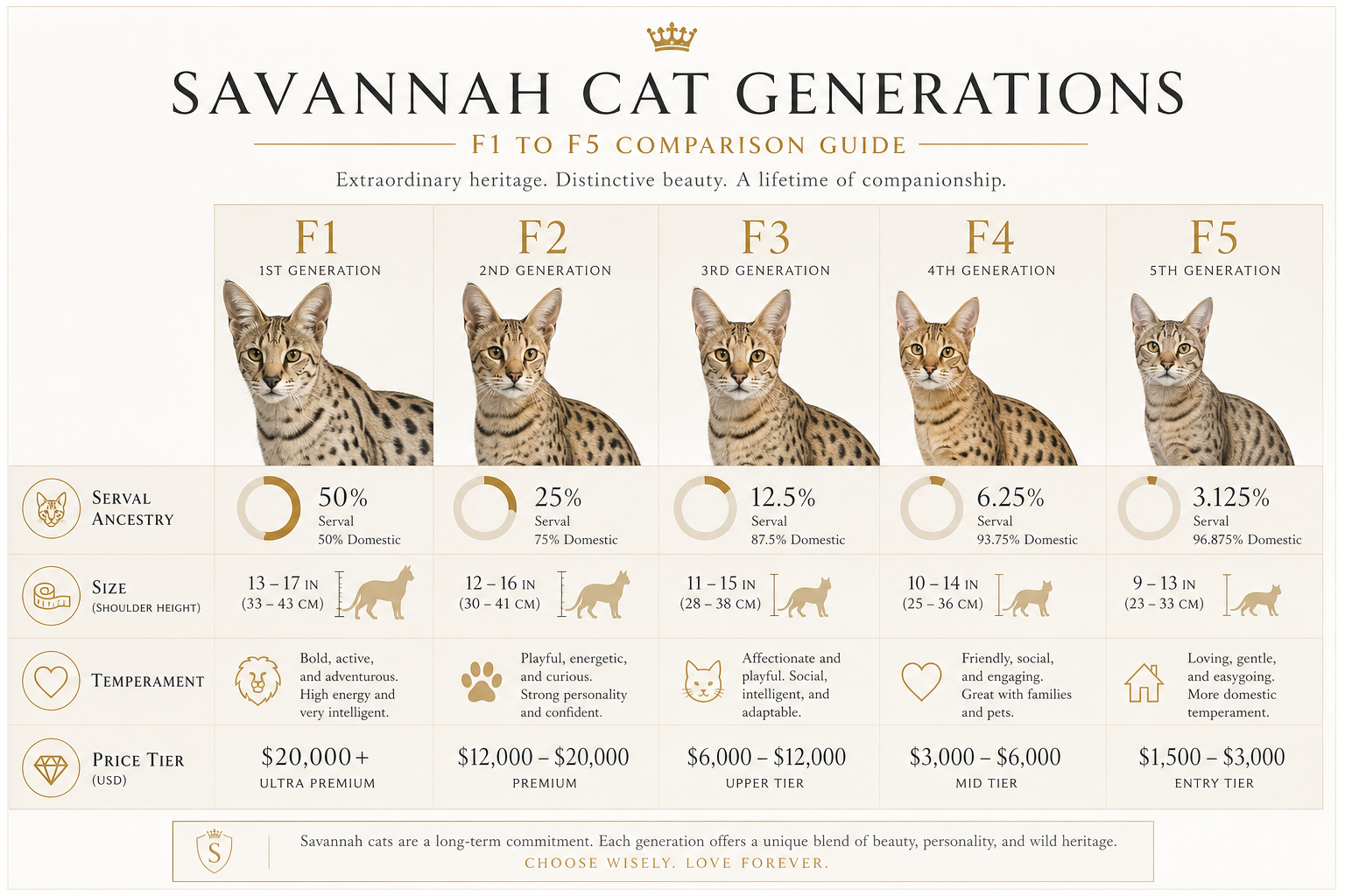 Infographic comparing Savannah cat generations F1 to F5