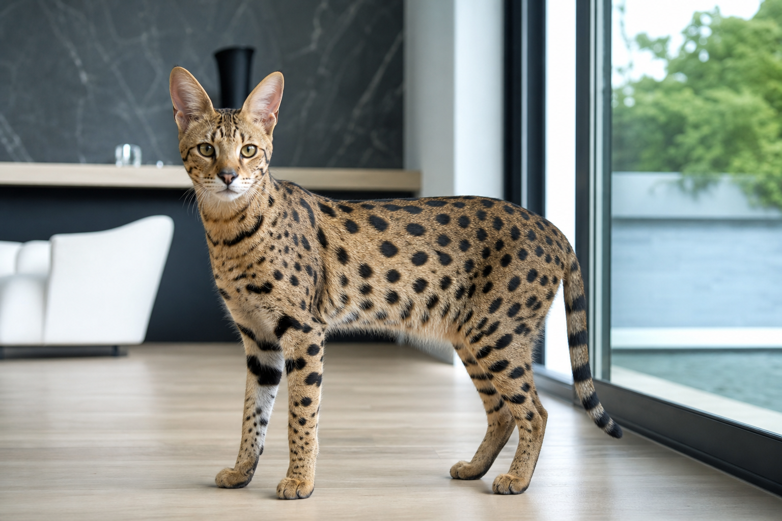 Photorealistic F1 Savannah cat in a luxury home