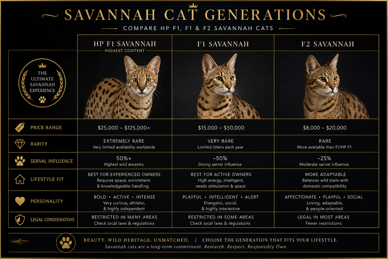 Infographic comparing HP F1, F1, and F2 Savannah cats