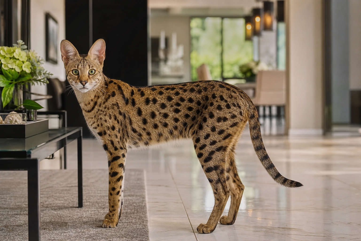 Premium F1 Savannah cat in luxury interior