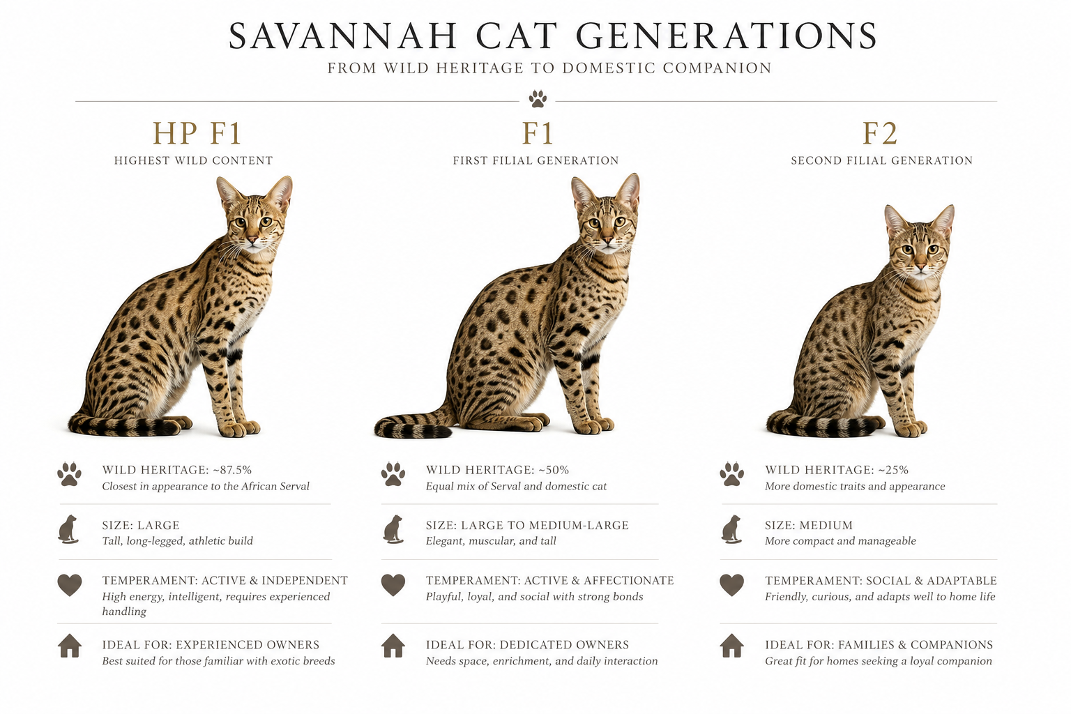 Comparison infographic of HP F1, F1, and F2 Savannah generations
