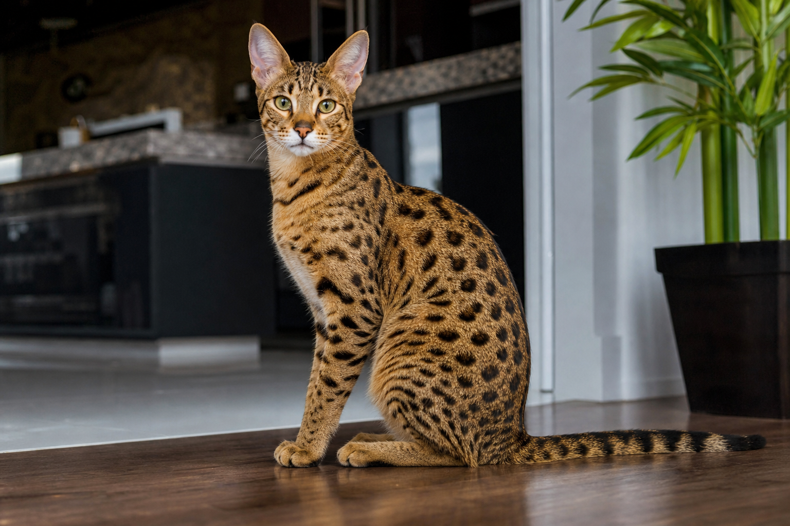 Photorealistic F2 Savannah cat with bold spotting and athletic build