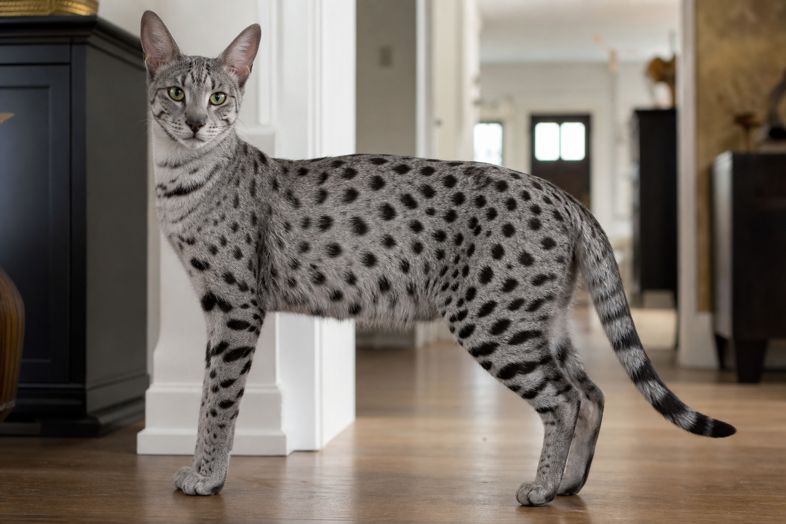Photorealistic silver F2 Savannah cat with cool gray base and dark spots