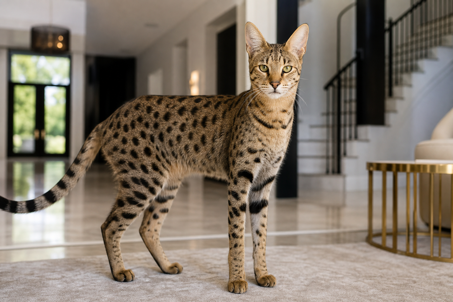 Photorealistic F4 Savannah cat in a luxury home