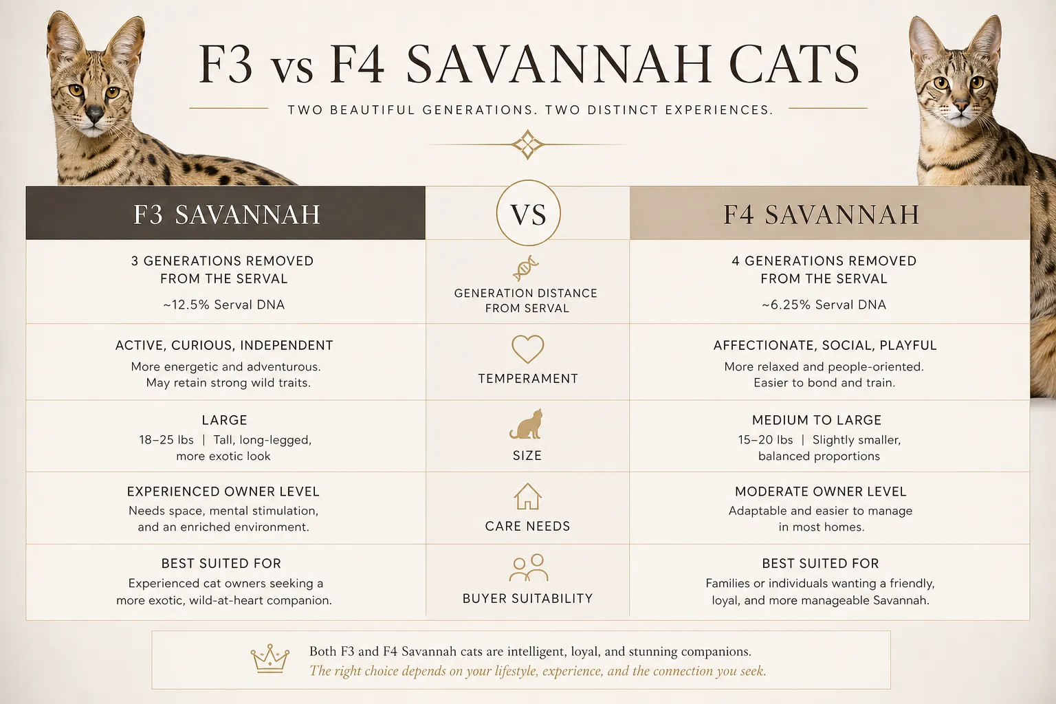 Infographic comparing F3 vs F4 Savannah cats