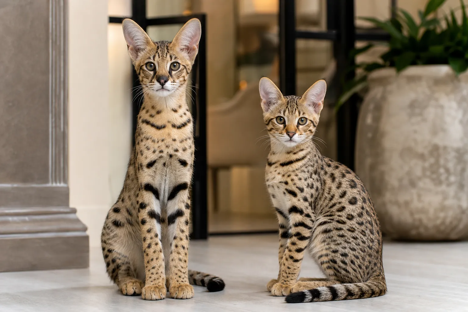 F2 Savannah kitten compared with F5 Savannah kitten in a luxury breeder setting