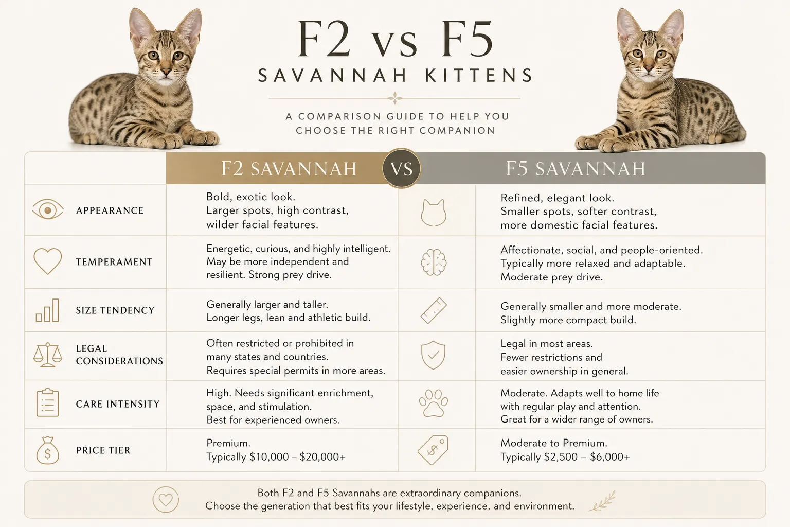 Infographic comparing F2 and F5 Savannah kittens by appearance temperament and ownership