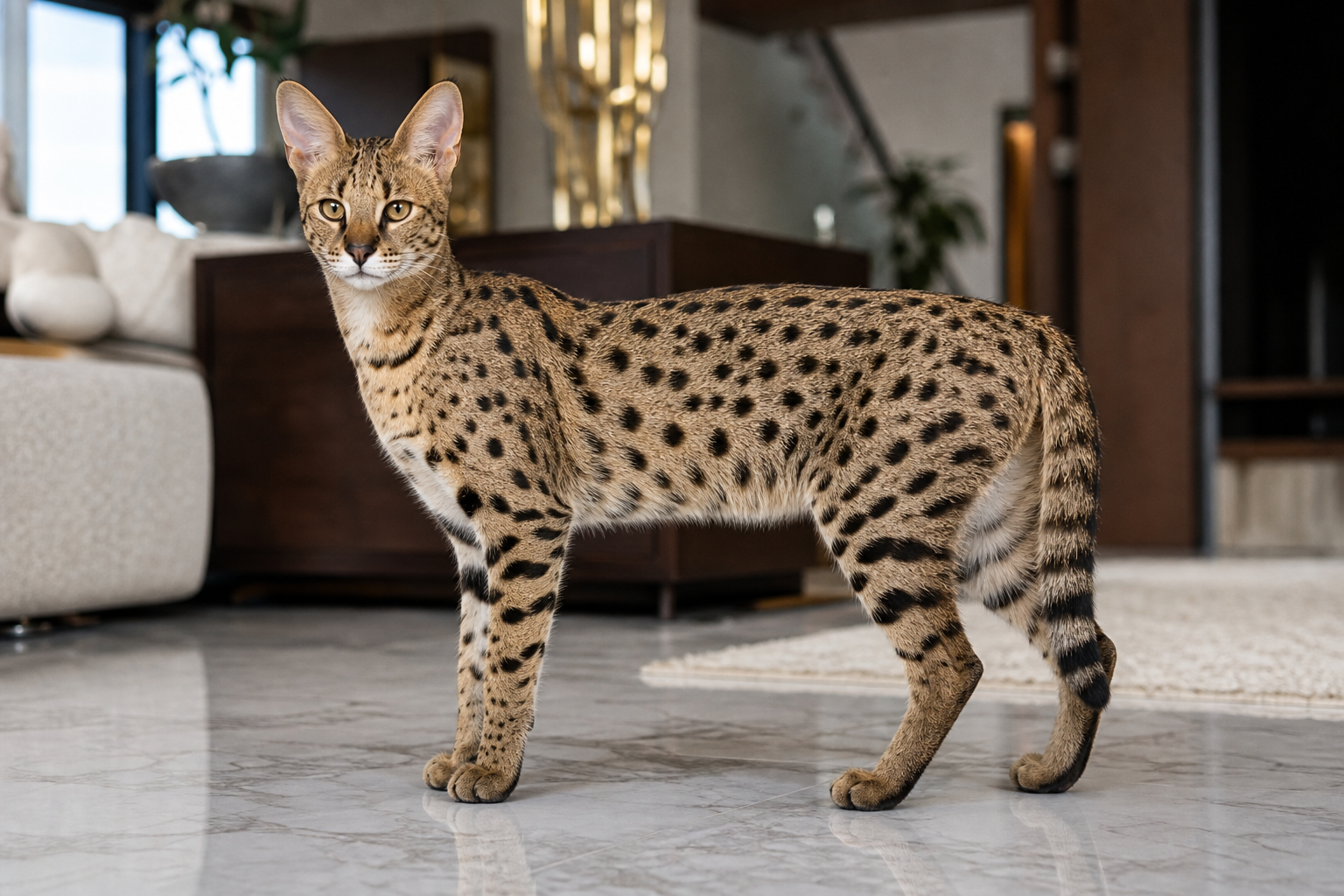 Photorealistic premium hybrid Savannah cat in a luxury home