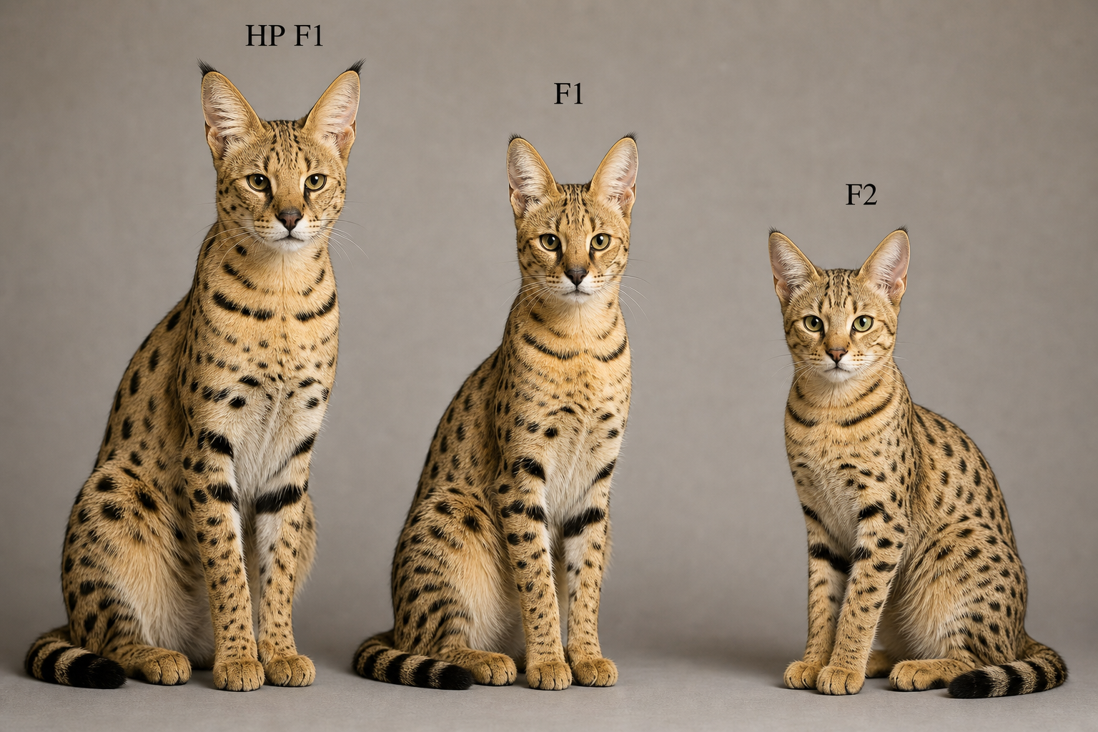Comparison of HP F1, F1, and F2 Savannah cat generations