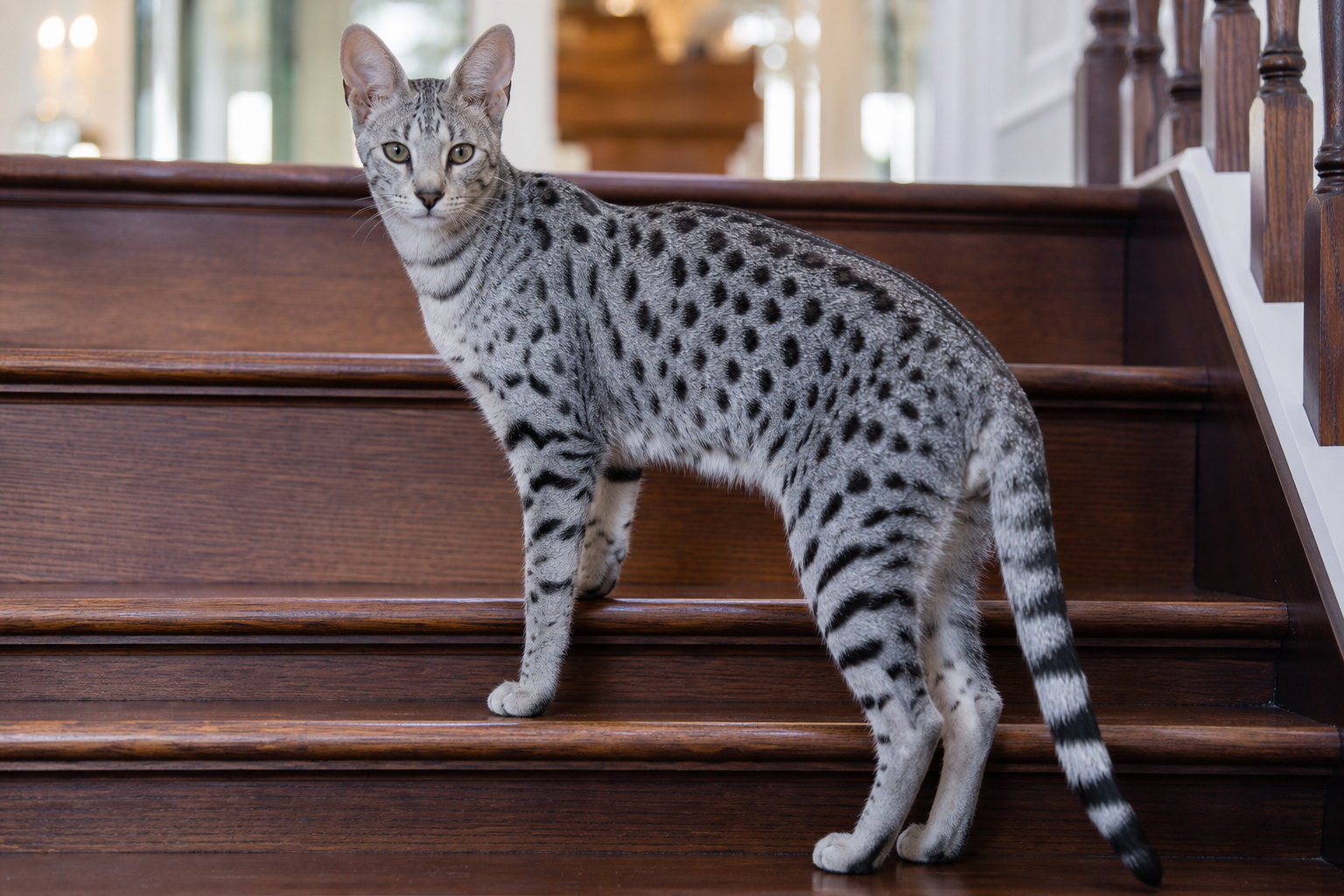 Photorealistic silver Savannah cat with authentic cool gray coat and black spots