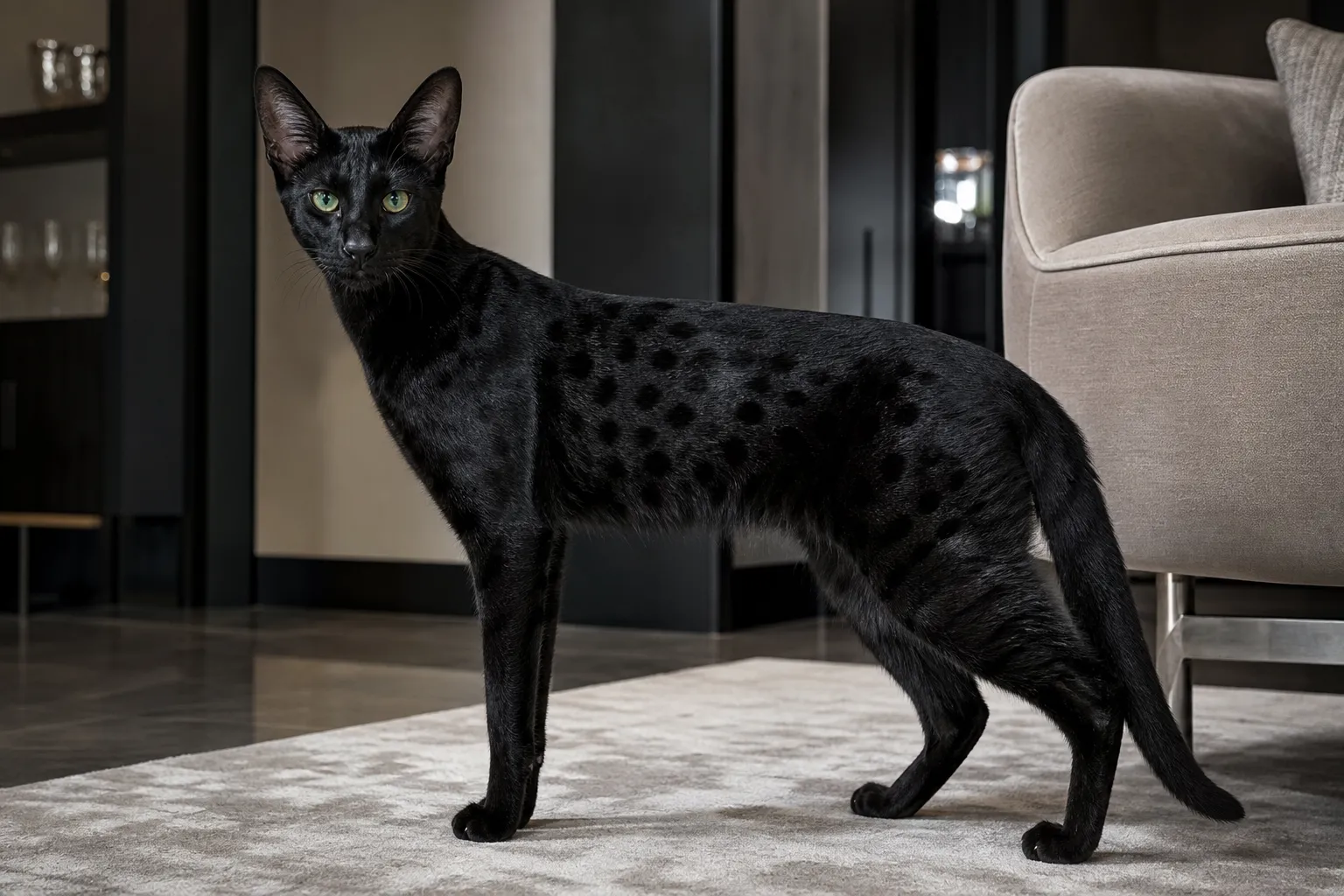 Photorealistic melanistic Savannah cat with glossy black coat and ghost spotting