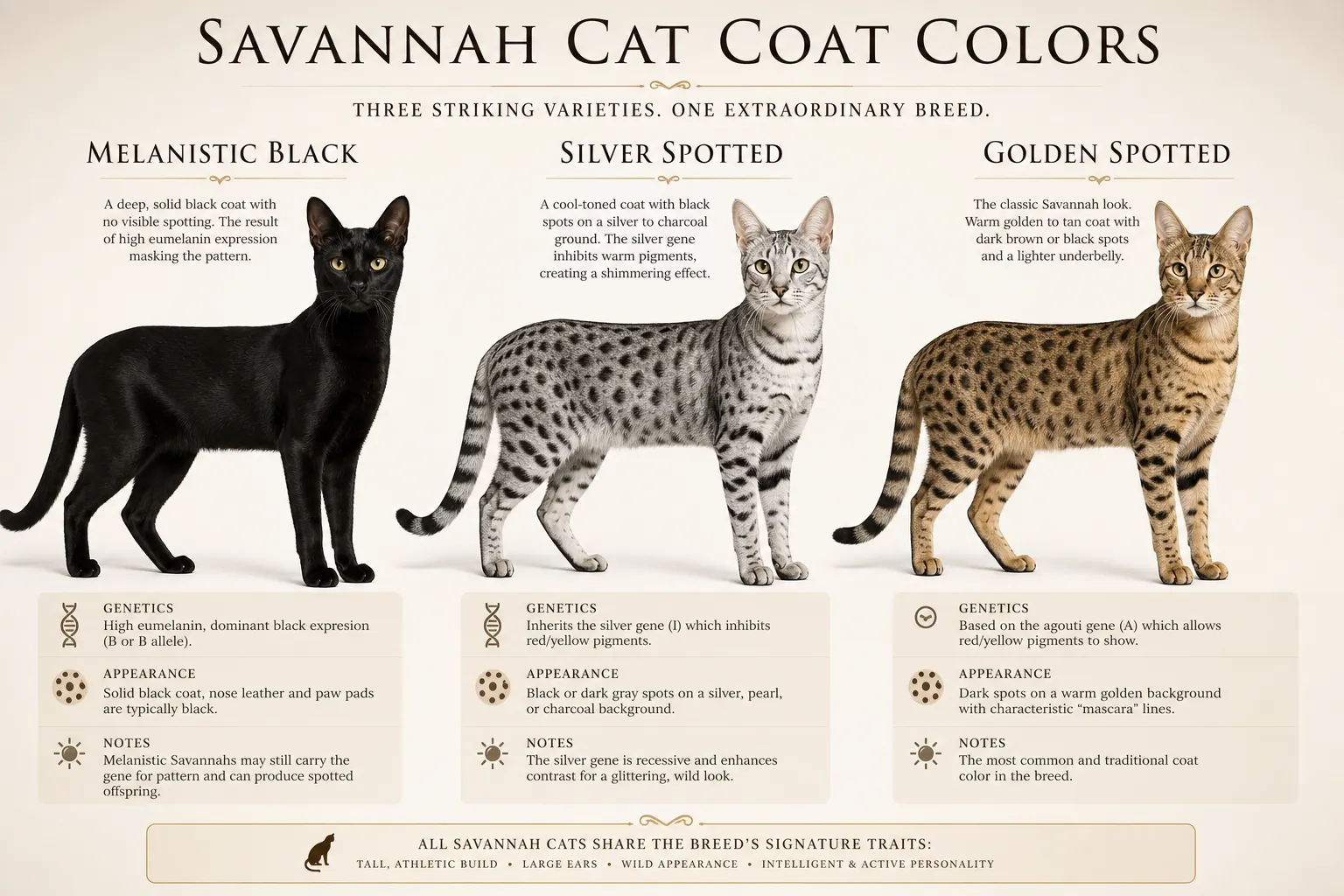 Comparison infographic of melanistic black, silver spotted, and golden spotted Savannah cats