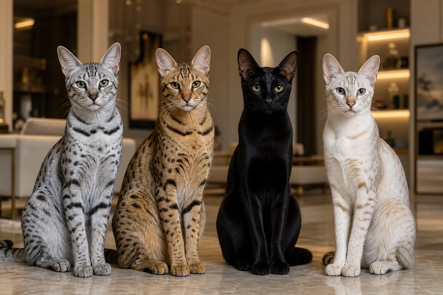 Rare Savannah cat colors lineup in a luxury setting