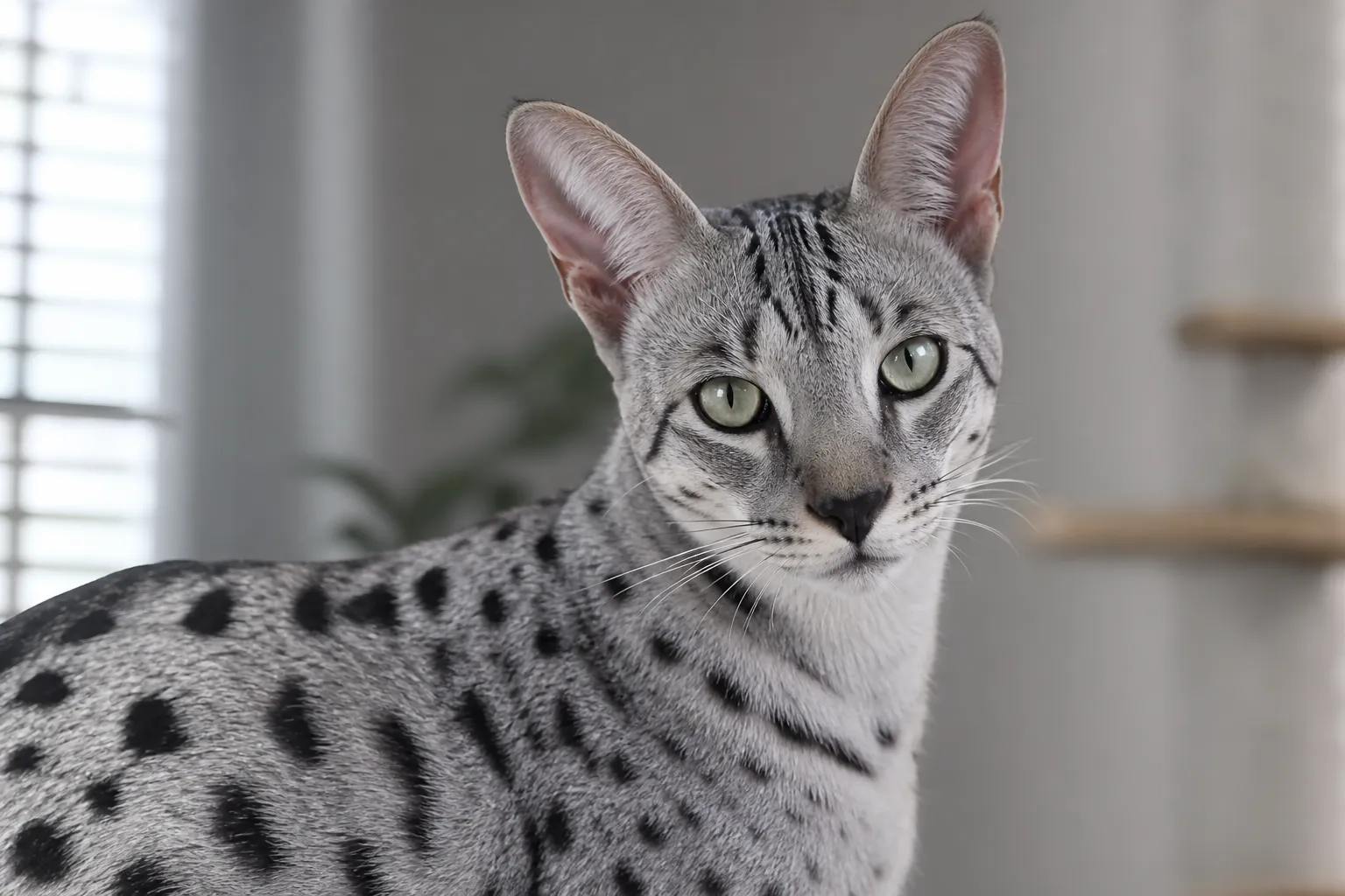 Close-up of a silver Savannah cat with black spots