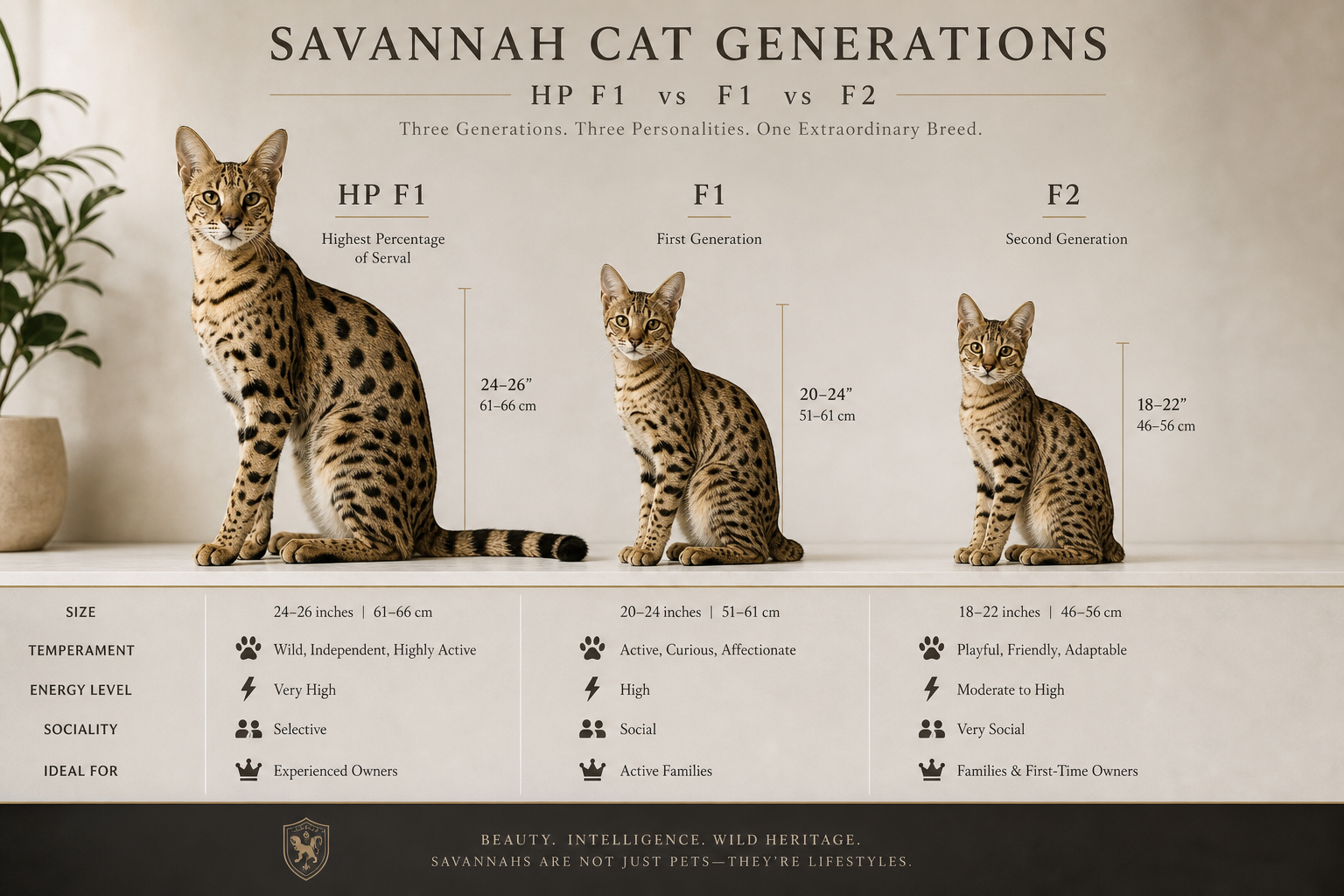 Comparison infographic of Savannah cat generations HP F1, F1, and F2