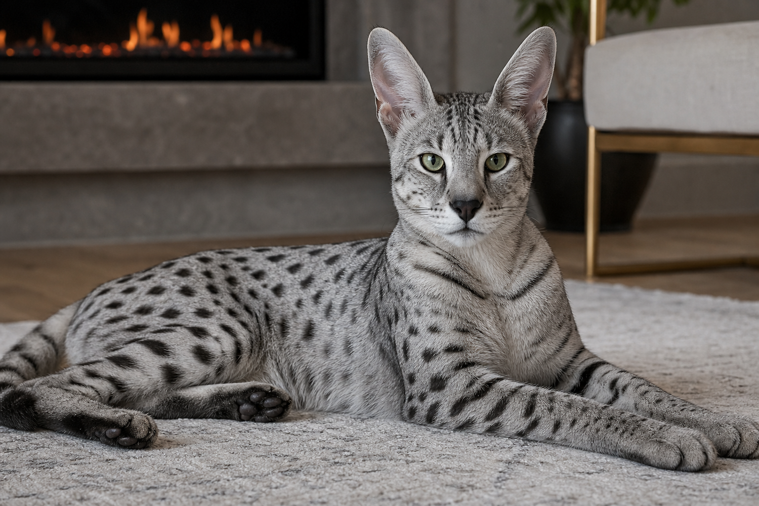 Photorealistic silver Savannah cat in a luxury interior