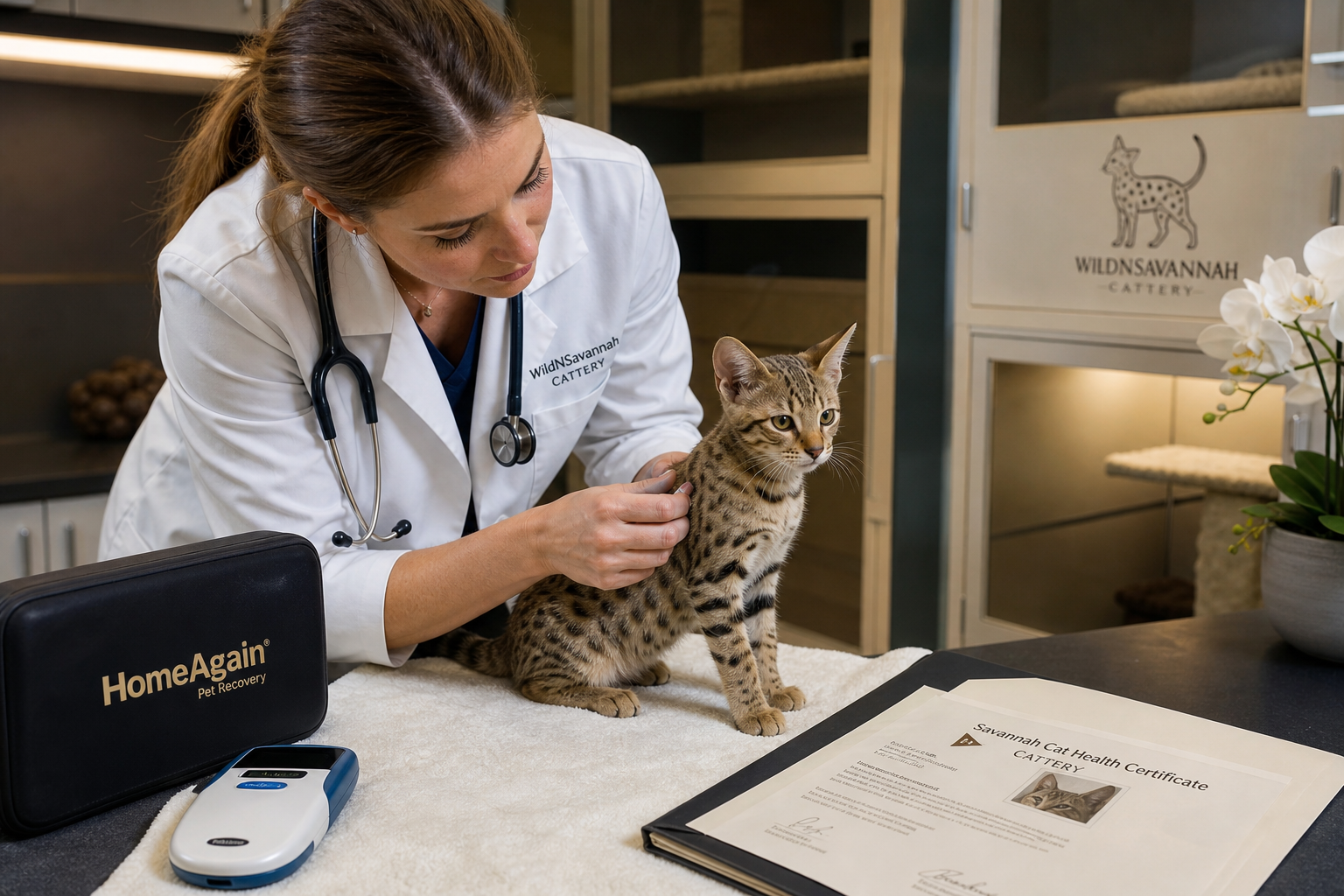 Veterinarian checking a Savannah kitten with health paperwork