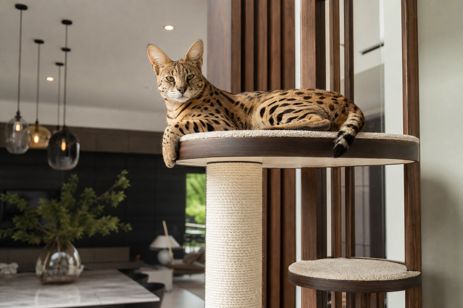 Savannah cat in a luxury indoor home