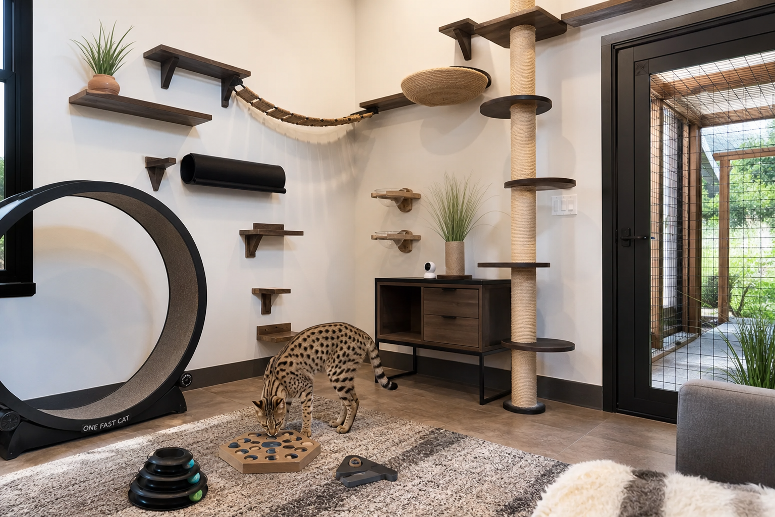 Savannah cat indoor enrichment setup