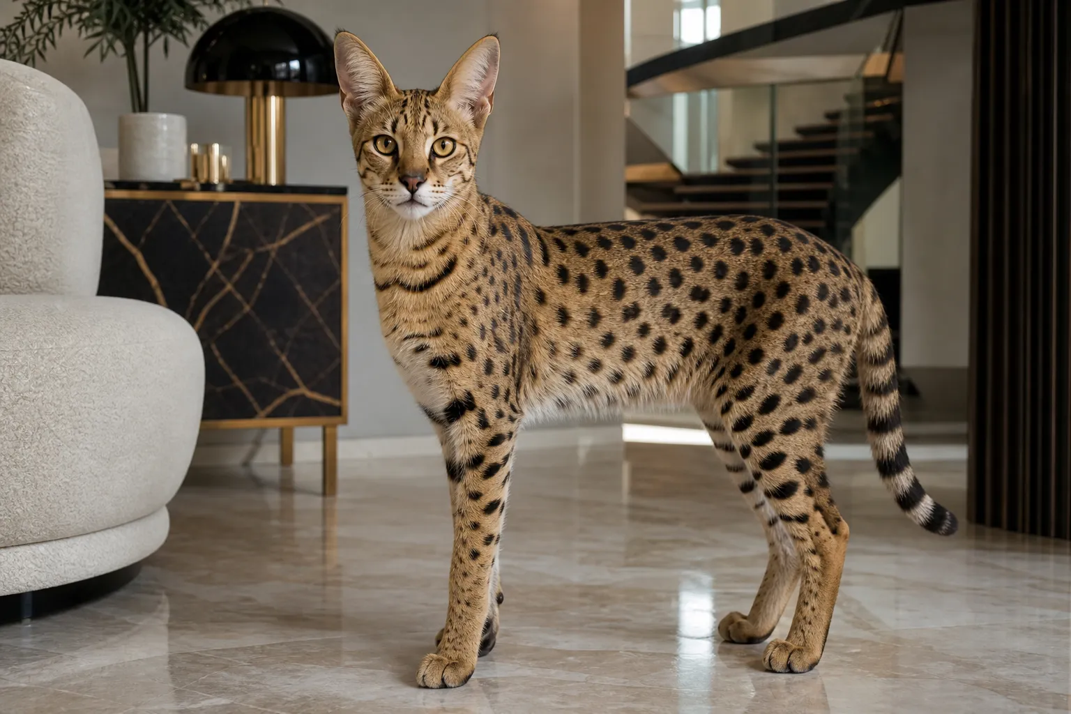 Premium Savannah cat in a luxury interior