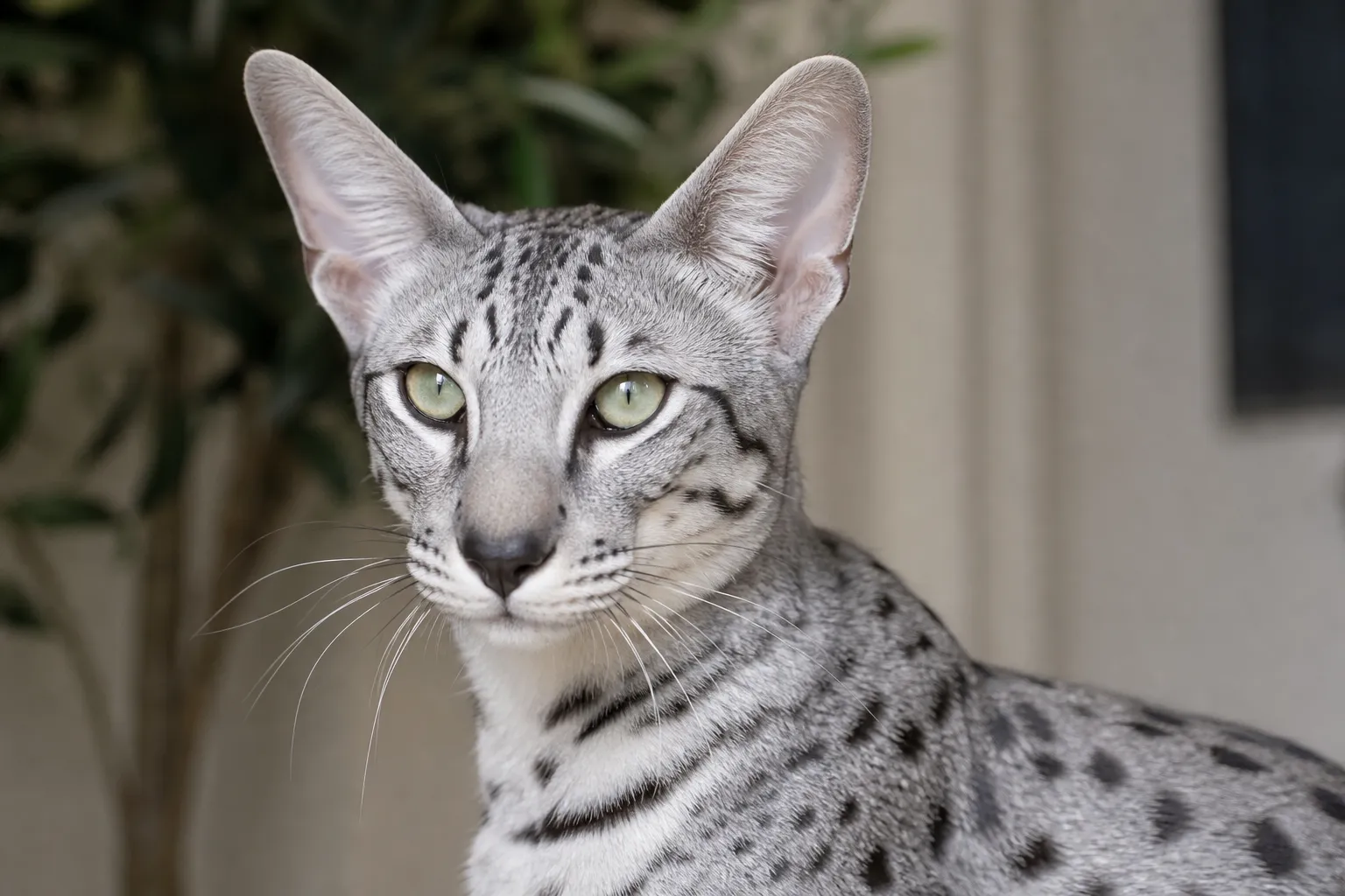 Silver Savannah cat close-up with cool gray coat and black spots