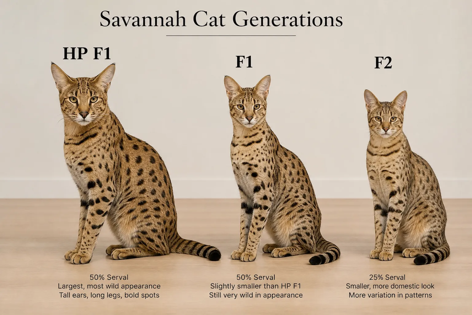 Comparison of HP F1, F1, and F2 Savannah cats