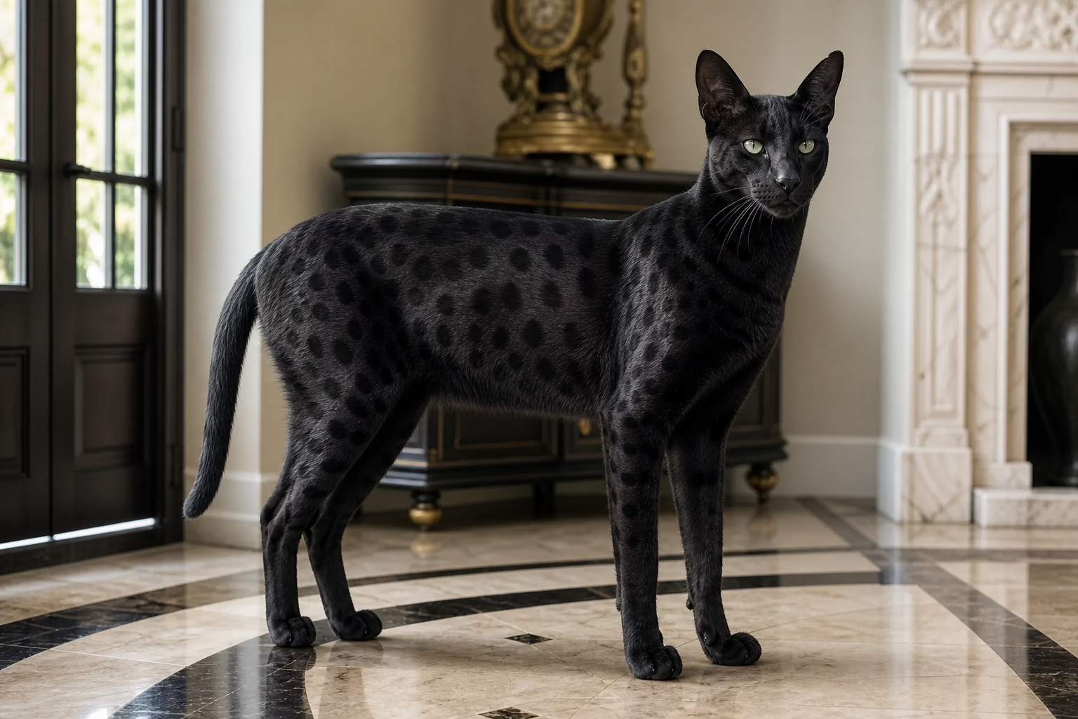 Melanistic Savannah cat with faint ghost spotting