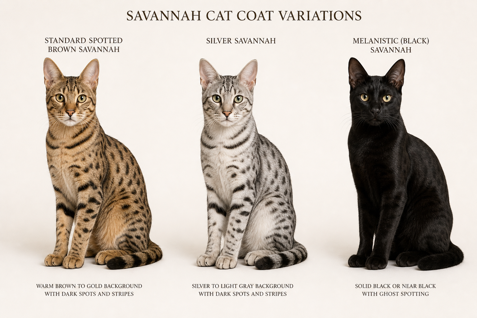 Comparison of standard, silver, and melanistic Savannah cats