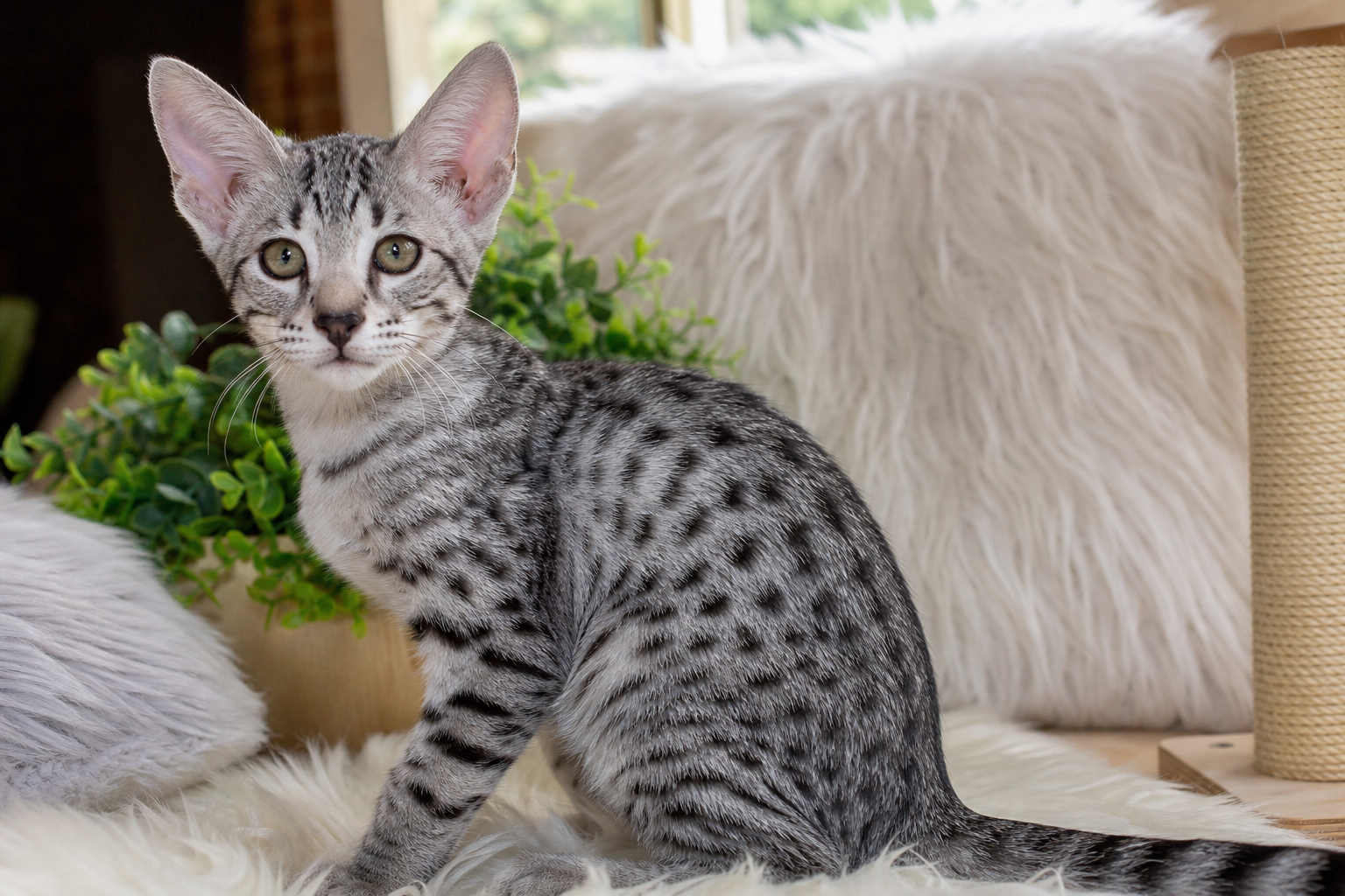 Silver Savannah kitten with cool gray coat and black spots
