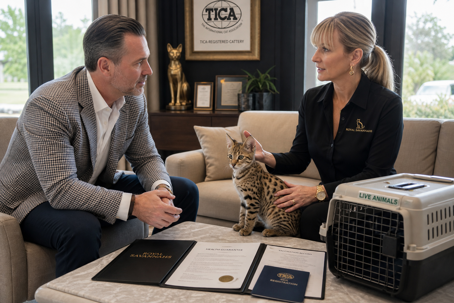 Luxury buyer consulting breeder with documents and transport crate