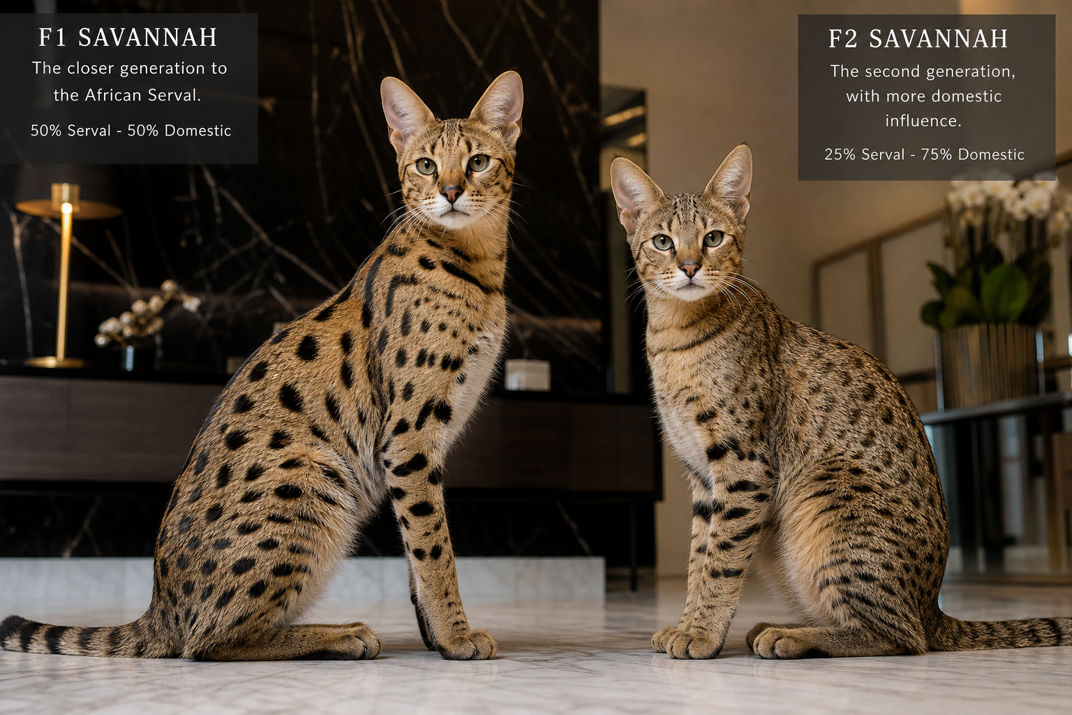 F1 Savannah cat and F2 Savannah cat side by side in a luxury home