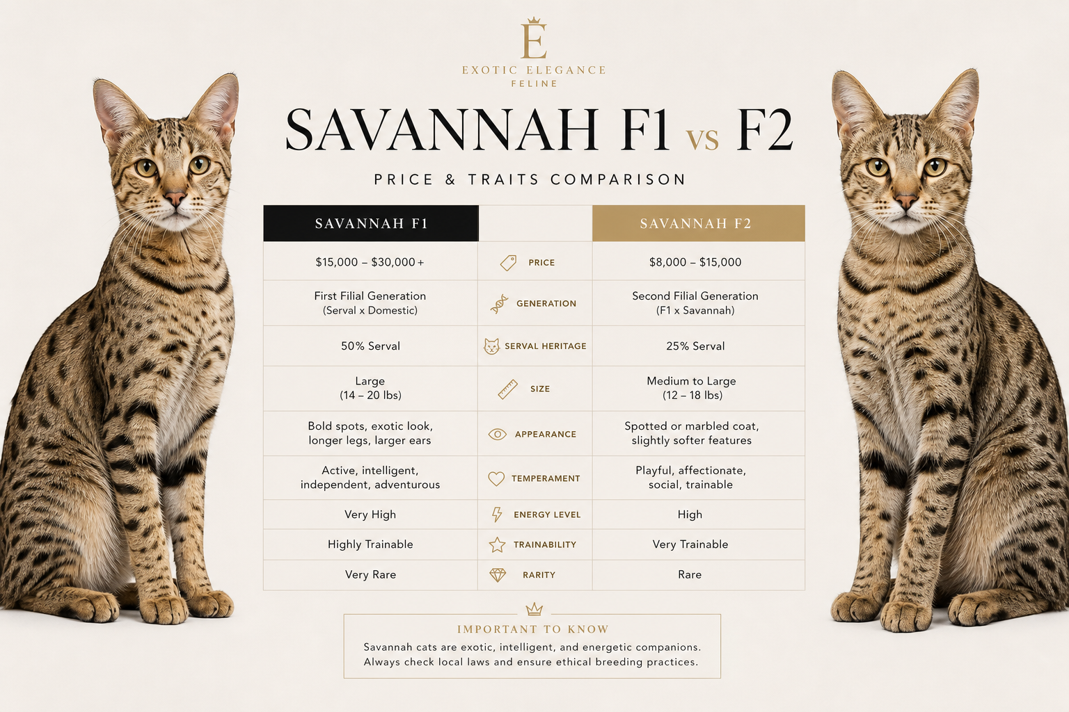 Luxury infographic comparing F1 and F2 Savannah cat price and traits