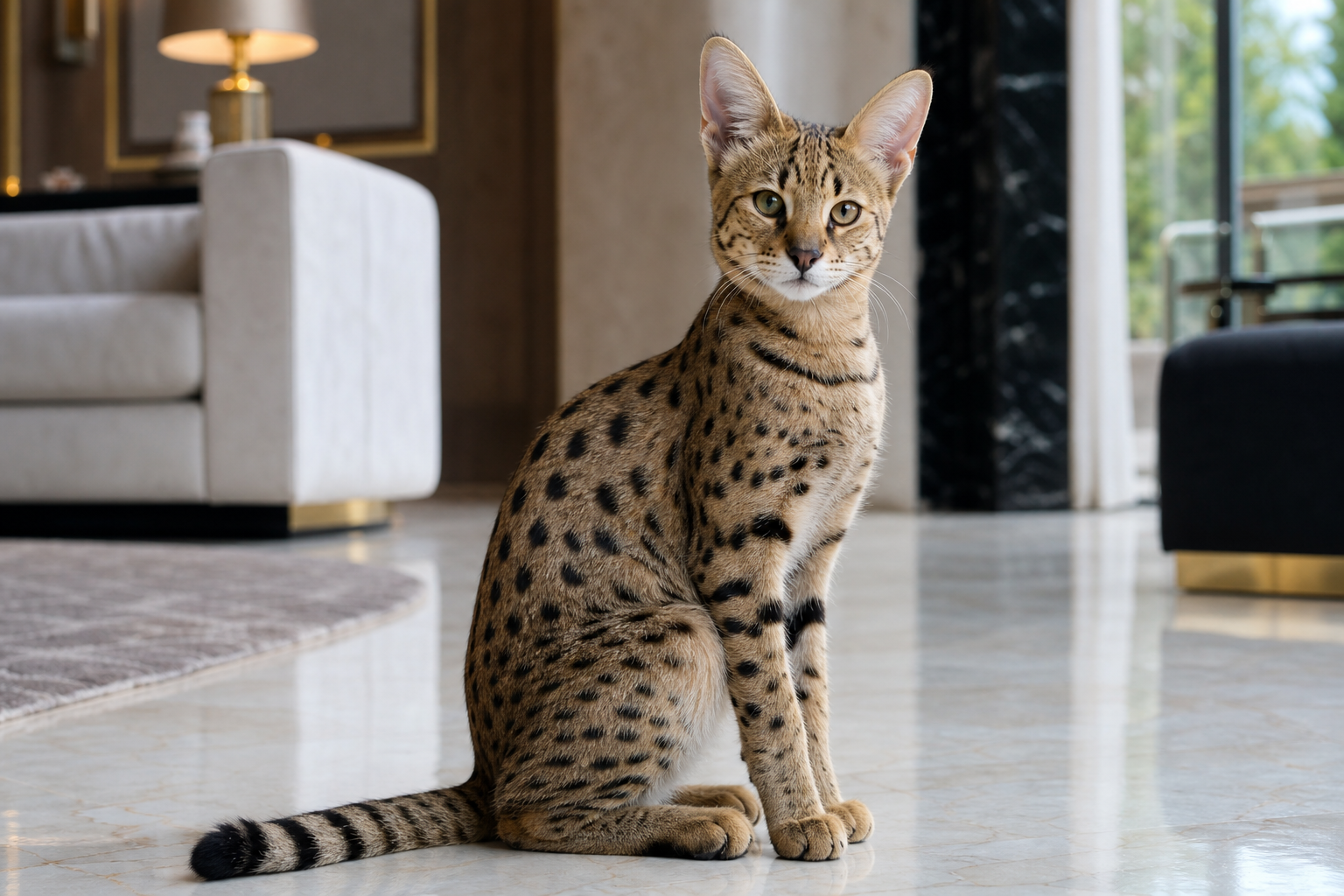 Premium Savannah kitten in luxury interior