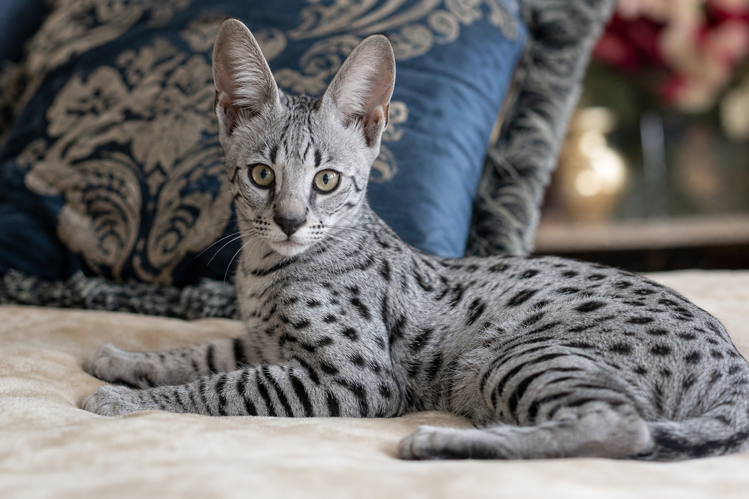 Silver Savannah kitten close-up with authentic cool gray coat and black spots