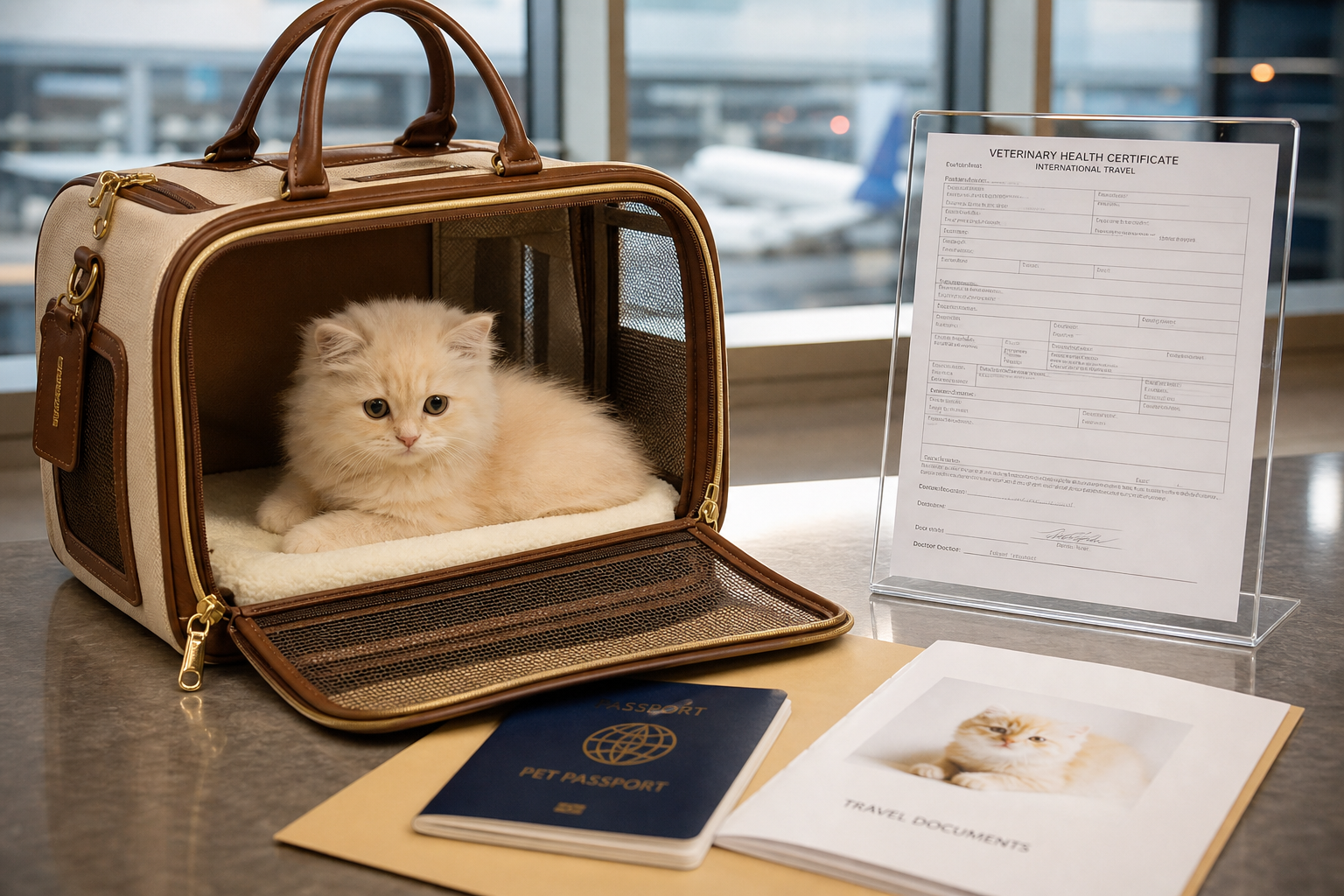 Premium kitten travel setup with airline-approved carrier and veterinary documents