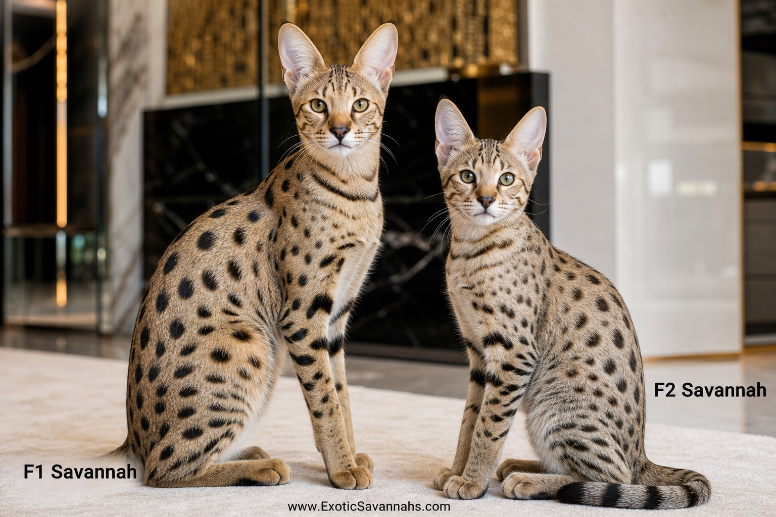 F1 and F2 Savannah kittens side by side in a luxury home