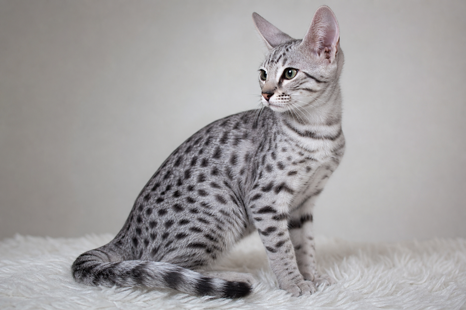 Silver Savannah kitten with cool gray coat and black spots