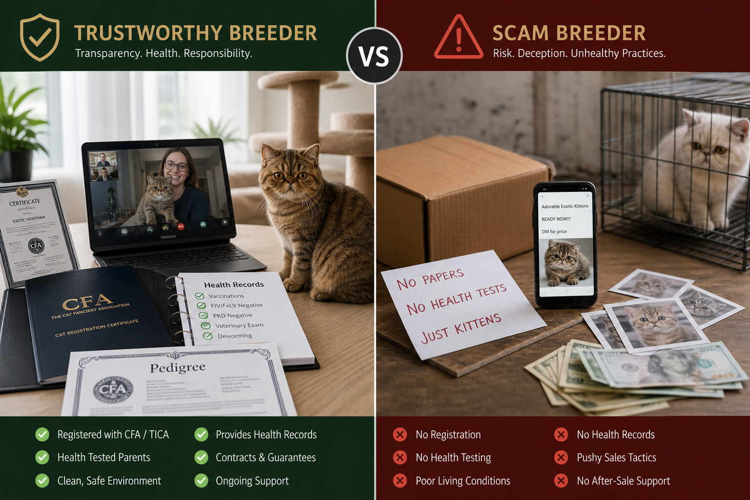 Comparison of trusted breeder signals vs scam warnings