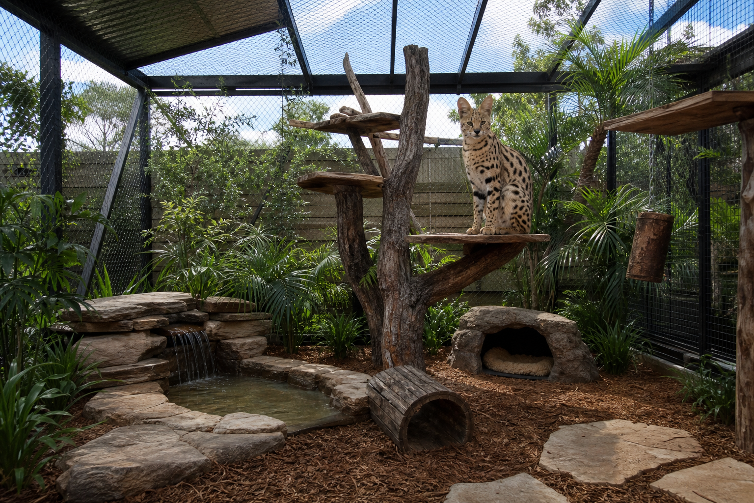 Photorealistic exotic cat enclosure for a serval with climbing platforms and secure fencing